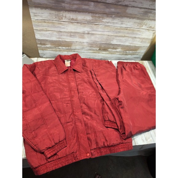 Out Brook Pants - Out Brook Womens Vintage Red 100% Silk Quilted Jacket and Pants Tracksuit Set M